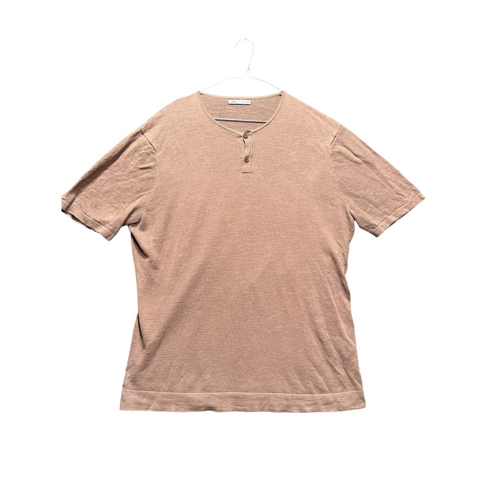 Zara Henley Knit Shirt Mens Medium Brown Short Sleeve 0077/402/700/M